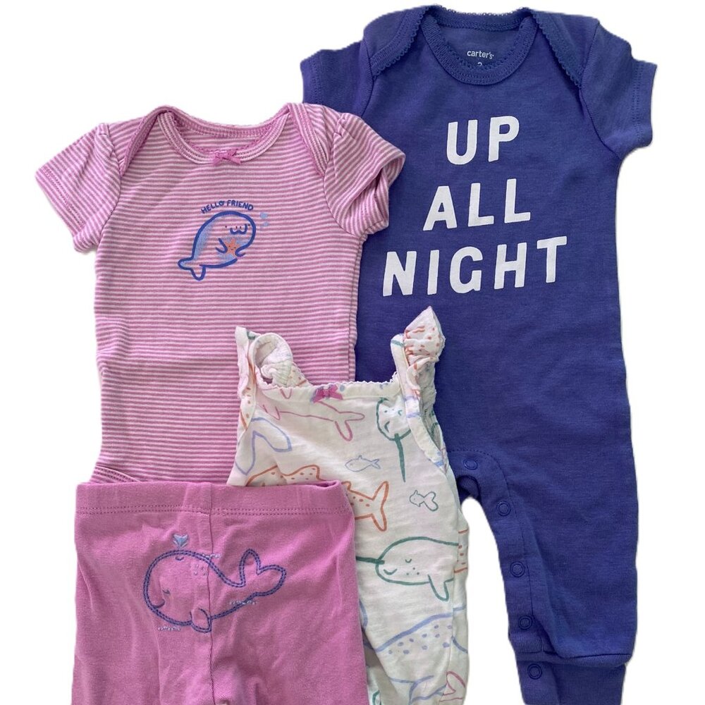 3/$21 | 4-Piece Outfit Set 3M Romper 2 Bodysuits Pant Narwal Nautical Purple